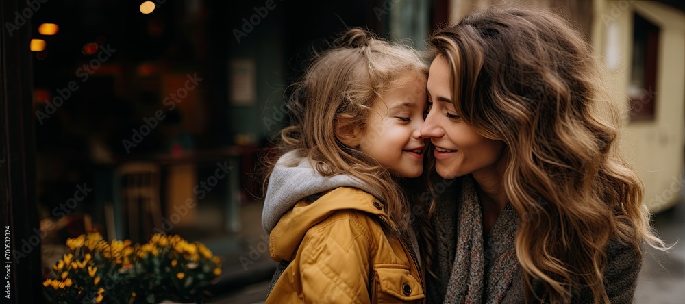 Happy loving mother and daughter hugging and kissing on street - obrazy, fototapety, plakaty 