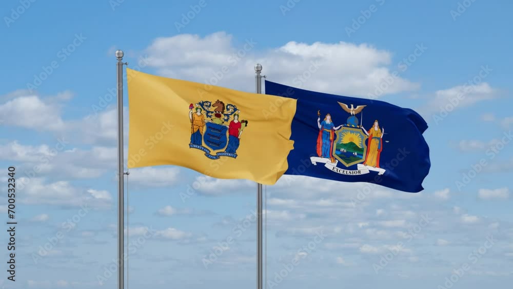 New York and New Jersey US state flags waving together on cloudy sky, endless seamless loop