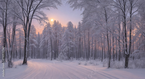 Winter Roadscape with Sunlit Trees Generative AI © Darian