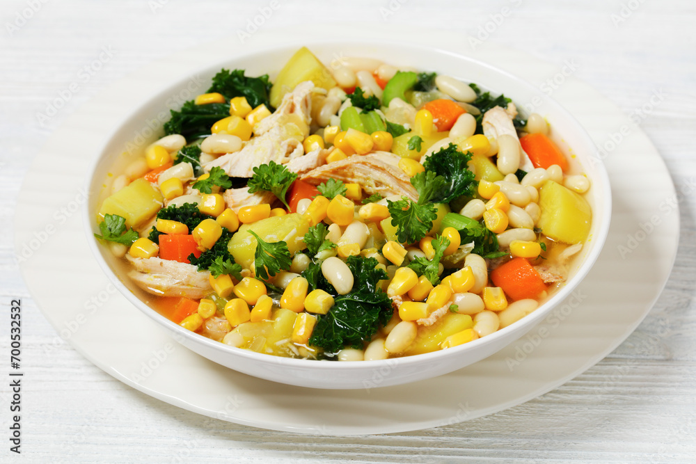 Chicken and white bean soup with veggies, corn Chicken and white bean soup with veggies, corn
