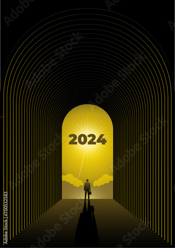 Businessman at the end of tunnel facing new year 2024