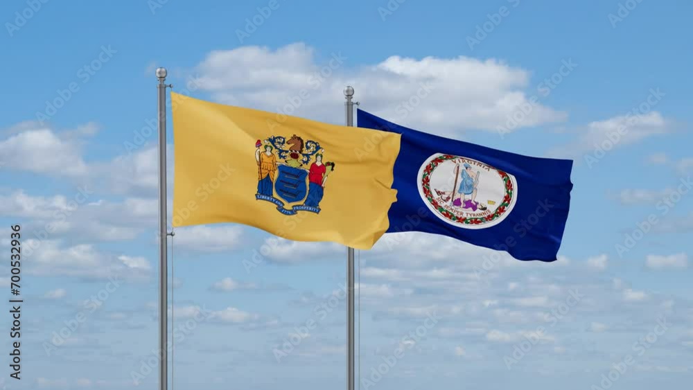 Virginia and New Jersey US state flags waving together on cloudy sky, endless seamless loop Virginia and New Jersey US state flags waving together on cloudy sky, endless seamless loop