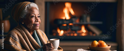 Elderly elegant  African American woman drinking tea wrapped in cosy blanket by the fireplace, people background, template