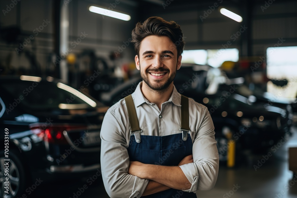 Portrait of a smiling mechanic in a car repair shop. Ai generative Portrait of a smiling mechanic in a car repair shop. Ai generative