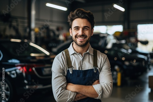 Portrait of a smiling mechanic in a car repair shop. Ai generative photo