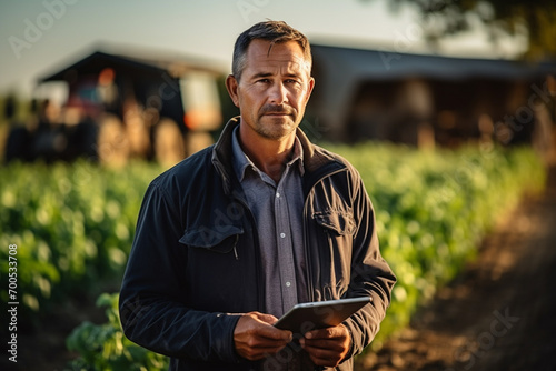 Happy farmer stands and smile holds tablet in his hands against background of field