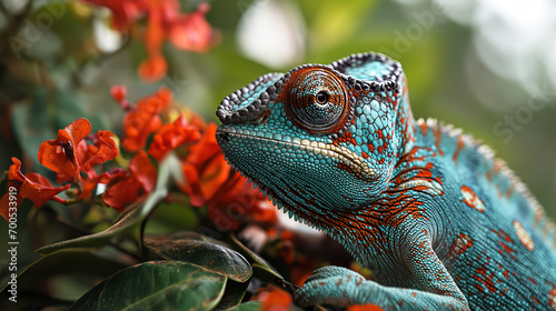 Chameleon  panther on a brach in Tropical rainforest.  Tropical Amazon rainforest of Brazil. Wildlife concept of ecological environment