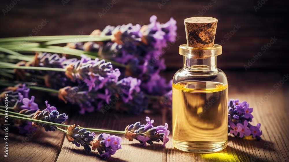A bottle of essential oil with fresh lavender twigs A bottle of essential oil with fresh lavender twigs