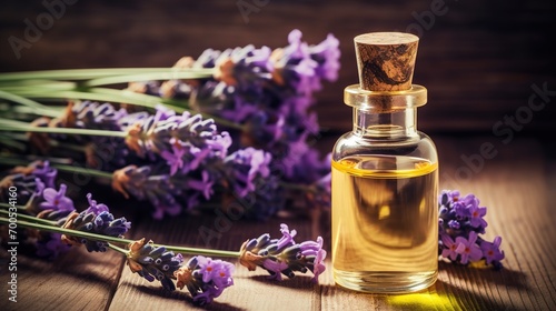 A bottle of essential oil with fresh lavender twigs photo