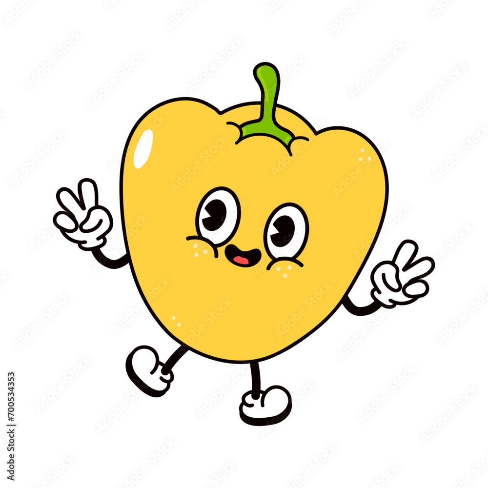 Obraz premium Jumping Bell pepper character. Vector hand drawn traditional cartoon vintage, retro, kawaii character illustration icon. Isolated on white background. Bell pepper jump character concept