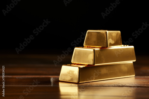 Gold bars stacked in a pyramid shape on a reflective surface against a dark background.