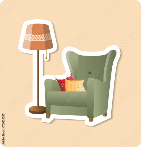 Armchair sticker illustration. Lampshade,pillows, torchere, chair. Editable vector graphic design.