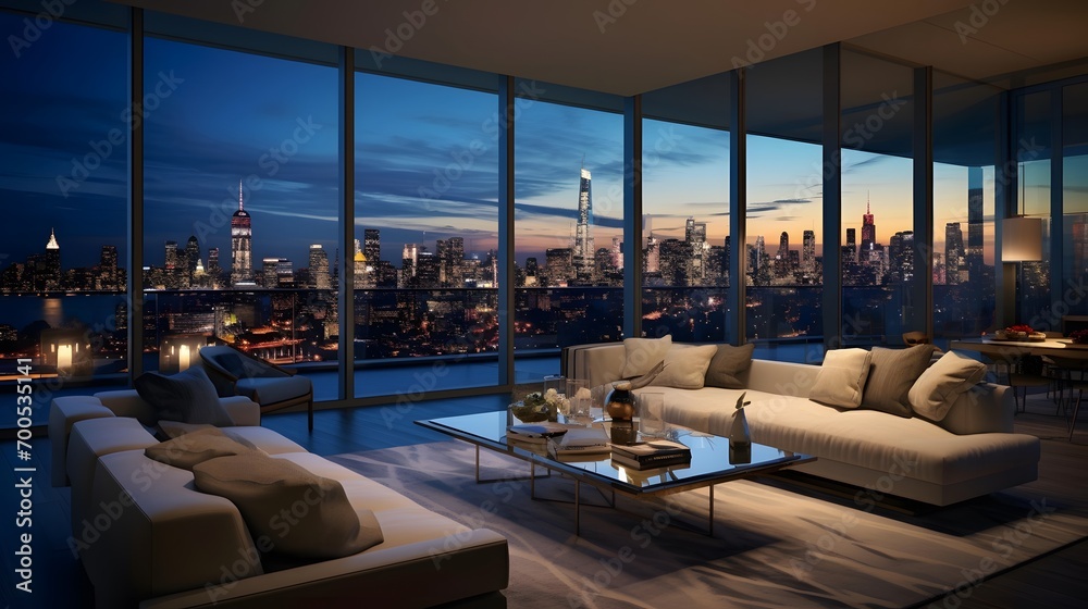Modern living room interior with panoramic view of the city.