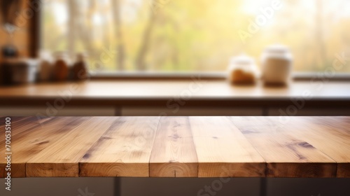 Empty wooden table top counter with bokeh kitchen interior background. Ready for product montage and banner © Farid