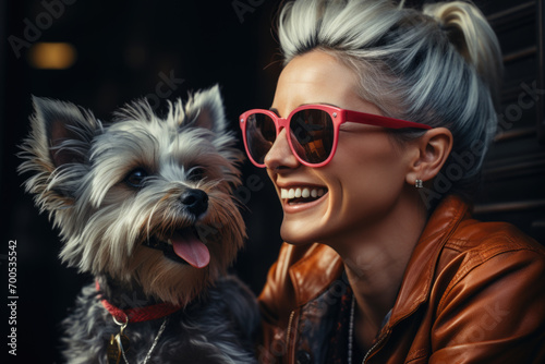 A woman and dog both wearing sunglasses. The concept is shared happiness with pets.