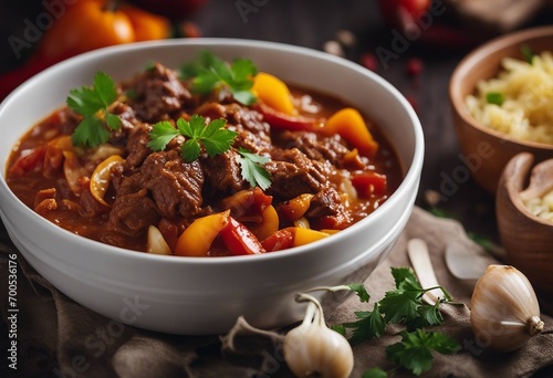 Classic beef goulash with peppers and onions