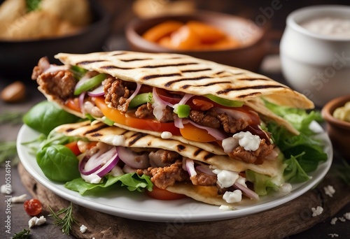 Crunchy pita with grilled gyros meat Various vegetables and garlic sauce