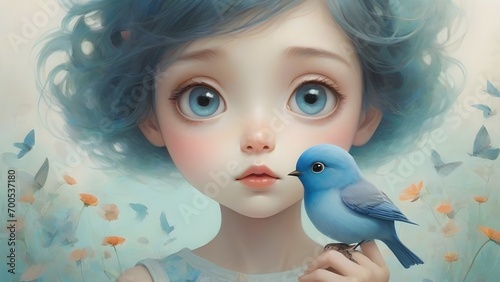 "Whimsical Harmony: Little Girl with Blue Bird in Drawing Style"