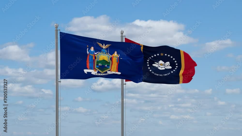 Mississippi and New York US state flags waving together on cloudy sky, endless seamless loop Mississippi and New York US state flags waving together on cloudy sky, endless seamless loop