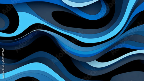 Black and blue abstract design with iridescent and blue abstract shapes abstract background, in the style of dark gray and dark beige, curvilinear, paper, rounded shapes, layered textures