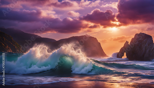 A breathtaking sunset over crashing ocean waves, casting a warm glow on the water in a sky of blue and purple clouds.
