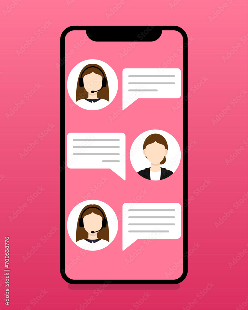 Communication between buyer and manager via messages. Messaging via mobile smartphone. Pink background. Vector illustration