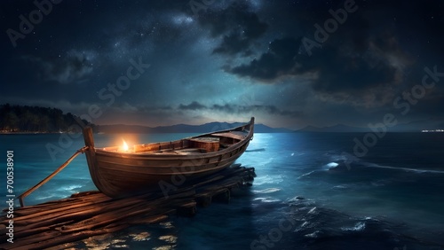 "Night Voyage: Boat Sailing under the Starry Sky"