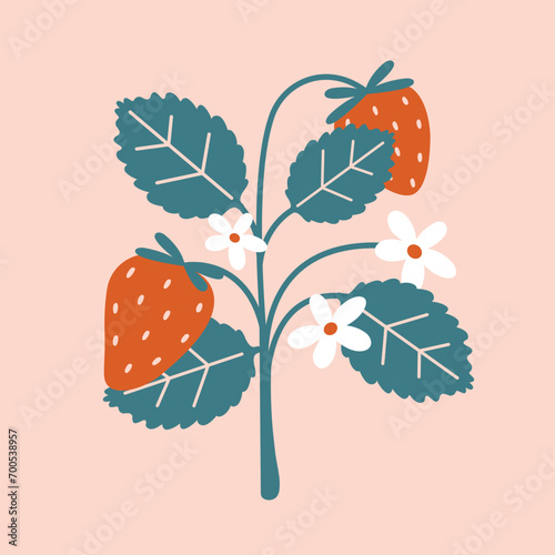 Strawberry bush with berries, leaves, flowers in flat style. Summertime vector illustration for sticker, icon, card, banner, badge. Hand drawn clip art.