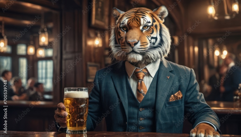 a man in a tiger mask sitting at a bar with a pint of beer in his hand and a pint of beer in his other hand in his other hand. a man in a tiger mask sitting at a bar with a pint of beer in his hand and a pint of beer in his other hand in his other hand.