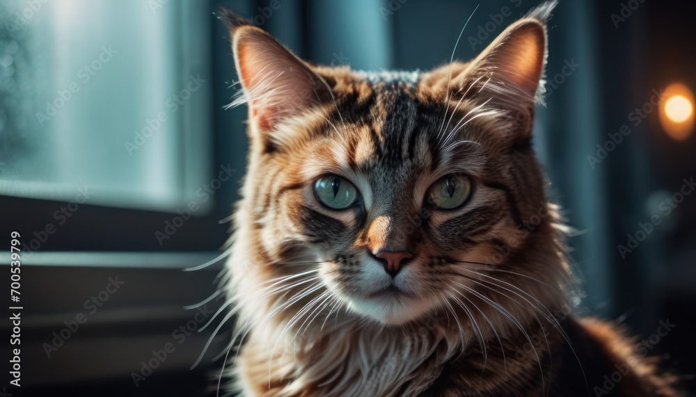  a cat sitting on a window sill looking at the camera with a blurry look on it's face, with a blurry light coming from the window behind it.