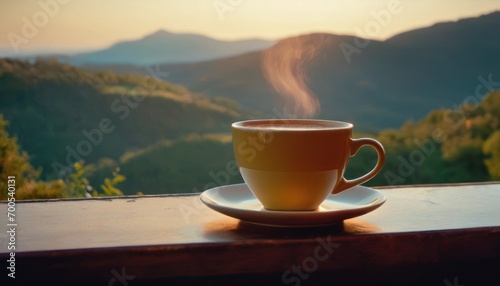  a cup of coffee sitting on top of a saucer on top of a wooden table in front of a view of a mountain range of trees and a valley.