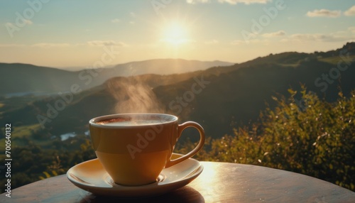  a cup of coffee on a saucer on a table with a view of a valley and mountains in the distance with the sun shining through the clouds in the distance.