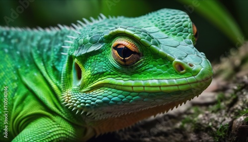  a close - up of a green lizard's head on a tree branch with leaves in the background and a blurry image of the eye of the lizard's head. © Jevjenijs