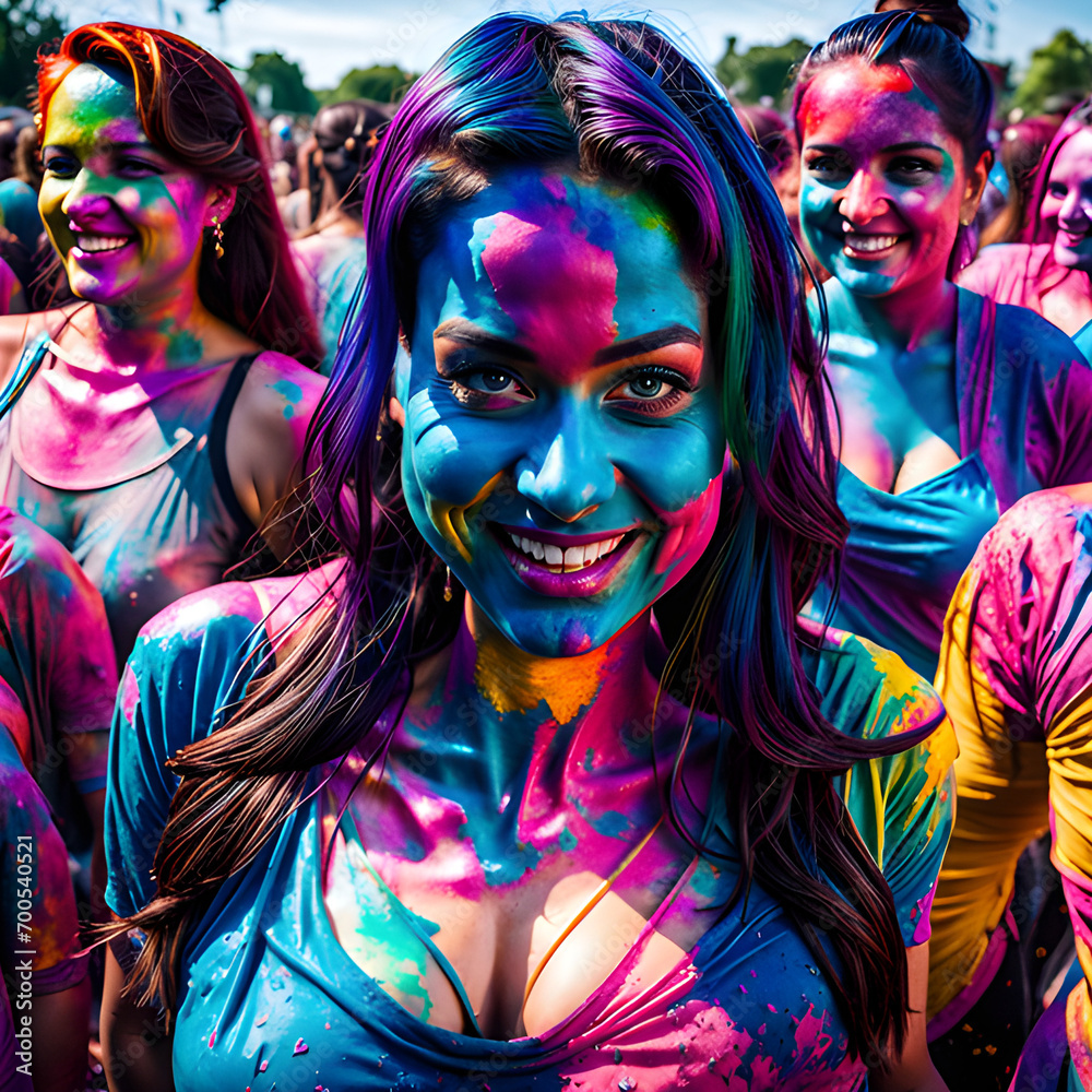 Fototapeta premium Waist-up portrait of cute sexy curvy women covered in colorful powder during holi celebrations.