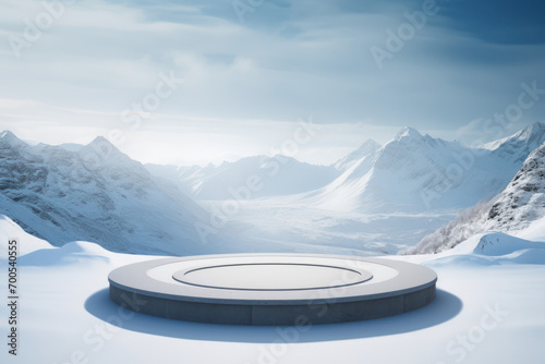 Round podium stage in snow covered mountains © VIRTUALISTIK
