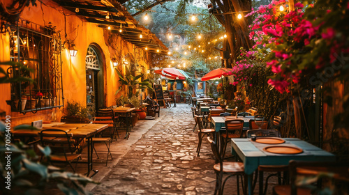 Charming evening at a cozy outdoor restaurant with twinkling lights and a romantic ambiance.