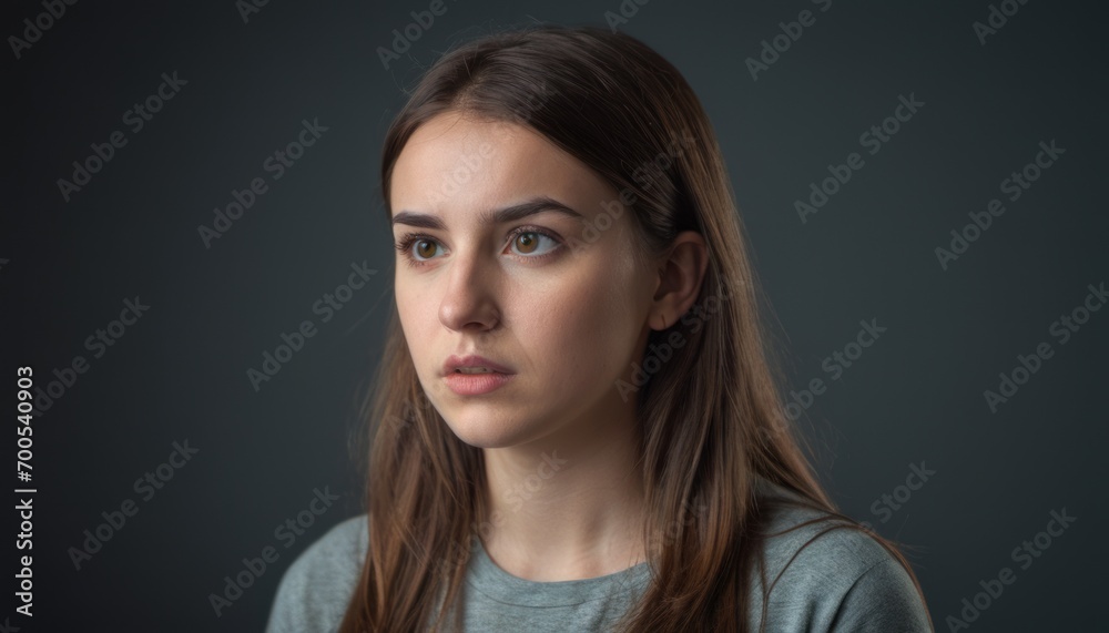 a woman with long brown hair and blue eyes looks at the camera with a serious look on her face as she stands in front of a dark background with a black background. a woman with long brown hair and blue eyes looks at the camera with a serious look on her face as she stands in front of a dark background with a black background.