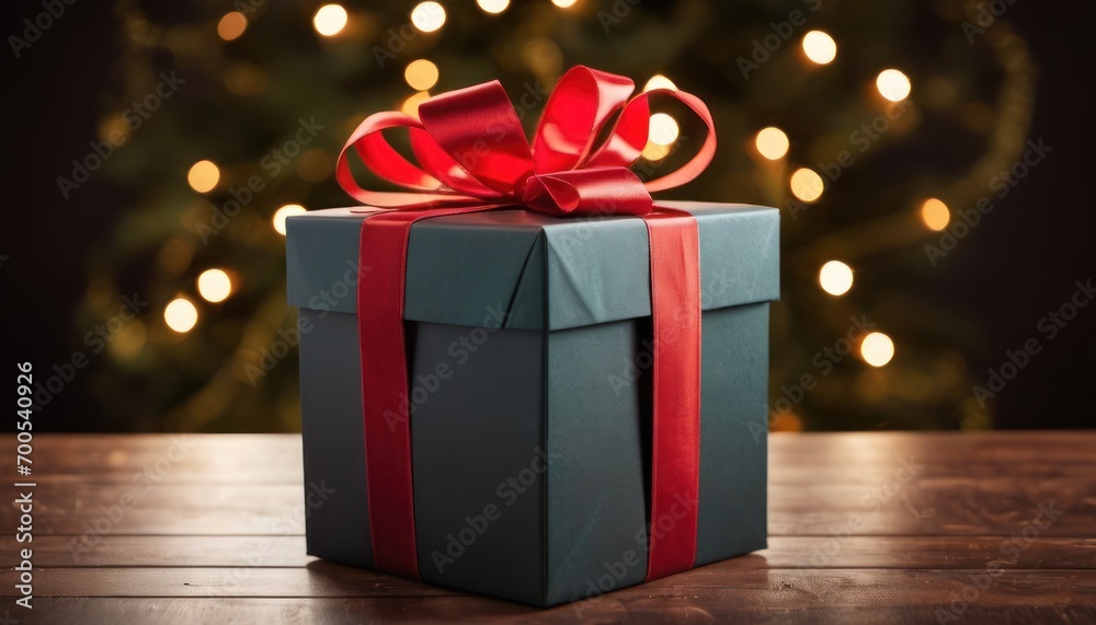 a green gift box with a red ribbon on a wooden table in front of a christmas tree with a lite up christmas tree in the background in the background. a green gift box with a red ribbon on a wooden table in front of a christmas tree with a lite up christmas tree in the background in the background.