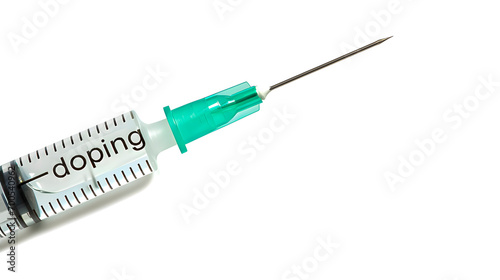 A syringe with a needle with the word doping. Space for text