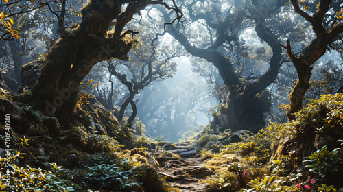 Enchanting ancient forest with sunbeams filtering through twisted trees, creating a peaceful and magical woodland scene.