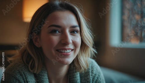  a close up of a person sitting at a table with a plate of food in front of her and a light in the back of the room behind the woman.