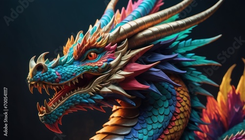  a close up of a dragon statue on a black background with a blue sky in the background and a red, yellow, green, and orange dragon statue in the foreground.