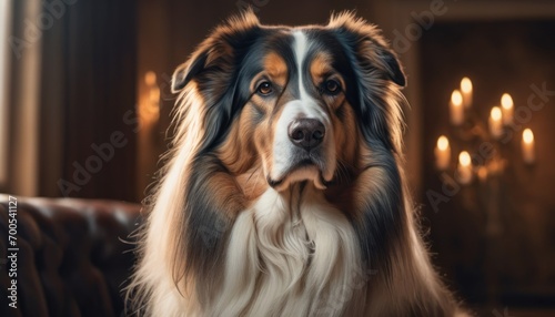  a close up of a dog sitting on a couch with a chandelier in the background and a candle lit room in the background with candles in the background. © Jevjenijs
