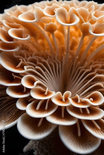 Intricate patterns and textures of the gills underneath a mushroom cap, revealing its unique structure, background image, generative AI