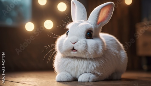  a white rabbit sitting on top of a wooden floor in front of a wall with lights on it s sides and a wooden floor next to it s head.
