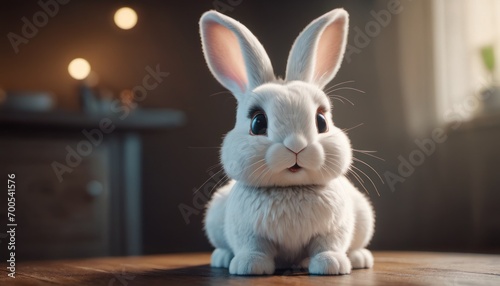  a white rabbit sitting on top of a wooden table next to a vase with a flower in it's mouth and a candle on the wall in the background.