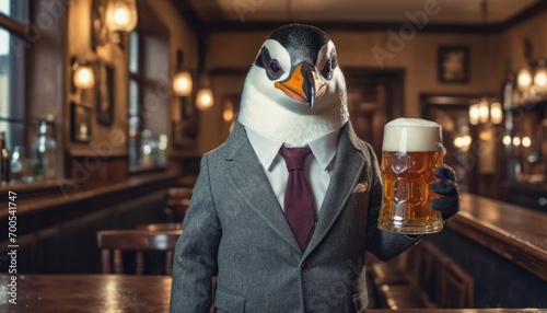  a penguin dressed in a suit and tie holding a beer in front of a bar with a penguin wearing a suit and tie holding a glass of beer in his hand. photo