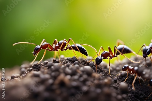 Get up close to a trail of ants as they carry food or navigate through their environment, revealing their industrious nature, background image, generative AI