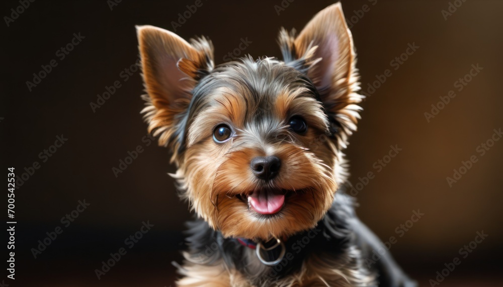  a small brown and black dog sitting on top of a wooden floor in front of a black wall and a wooden floor in front of the dog is looking at the camera.