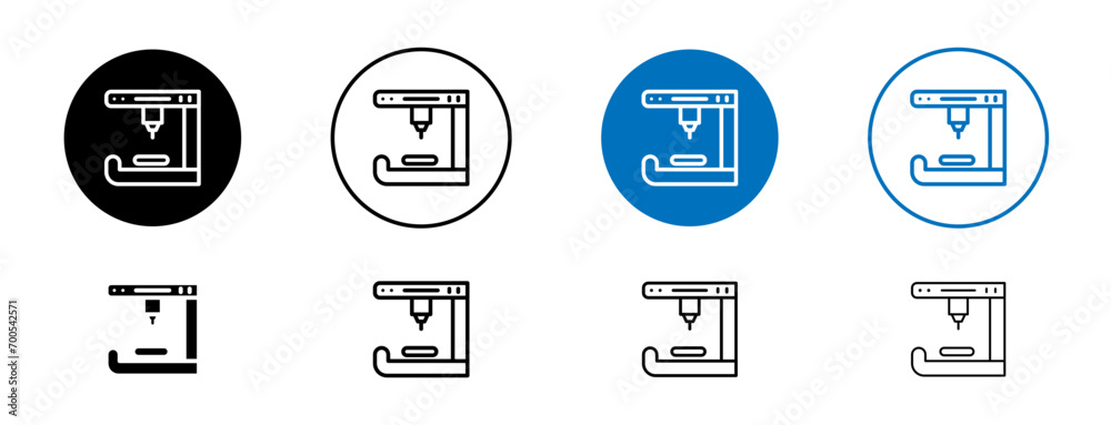 3D printer line icon set. 3D plastic printing manufacturing sign in black and blue color.